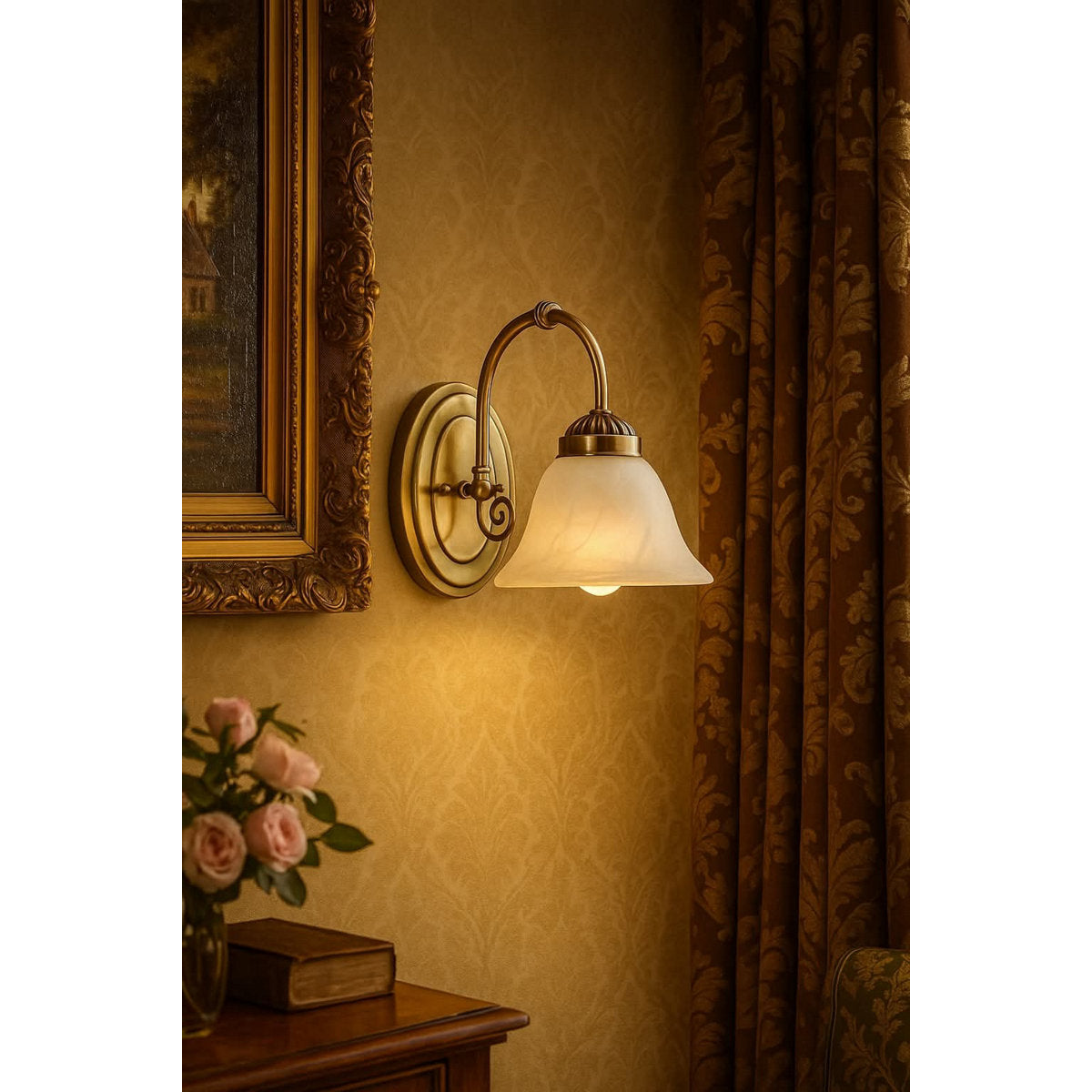 Brazell 1-Light Dimmable Antique Brass Armed Sconce Alabaster Style Glass